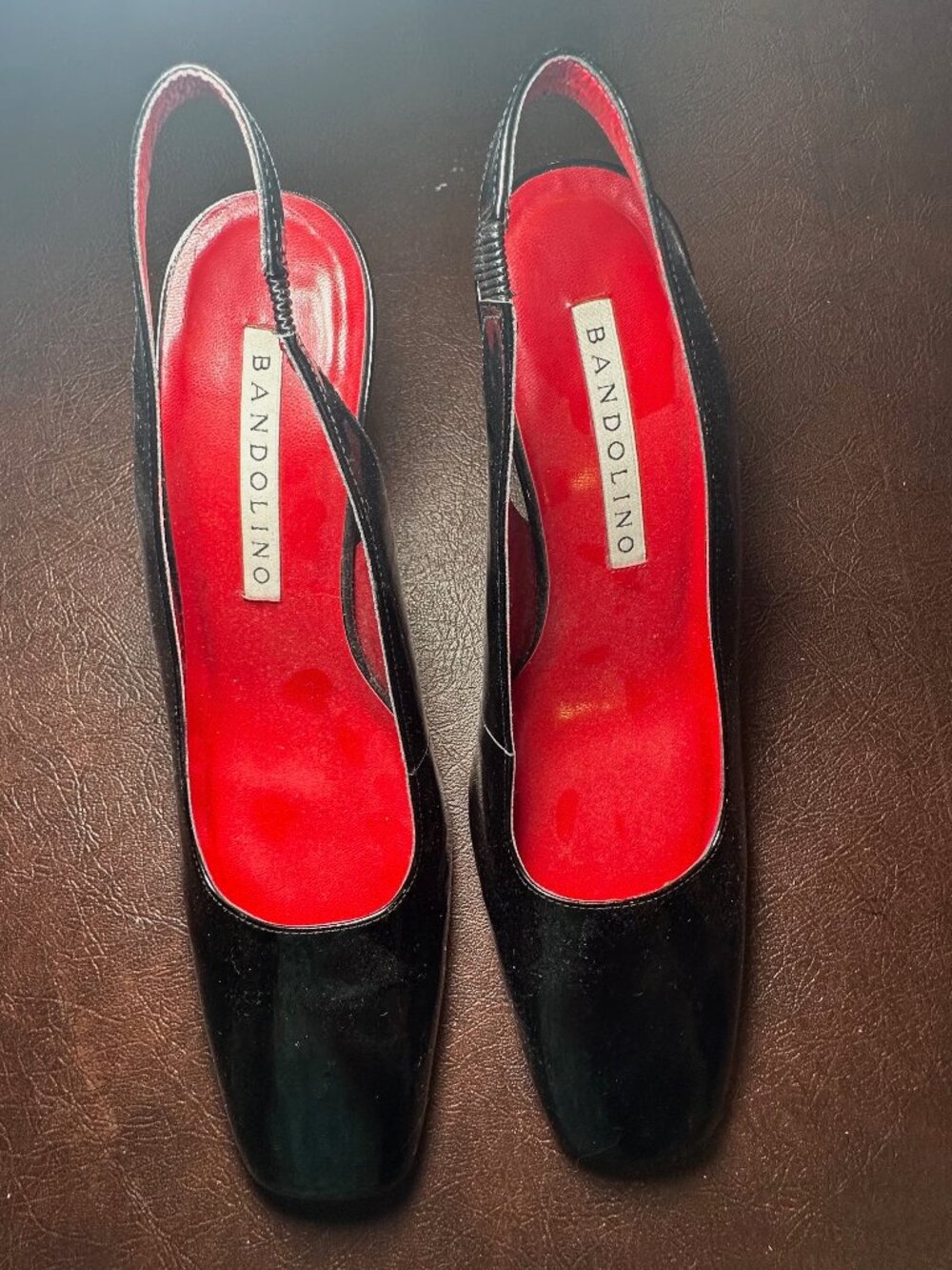 Vintage Bandolino Black Patent Leather Slingback Heels Square Toe, Size 9.5.